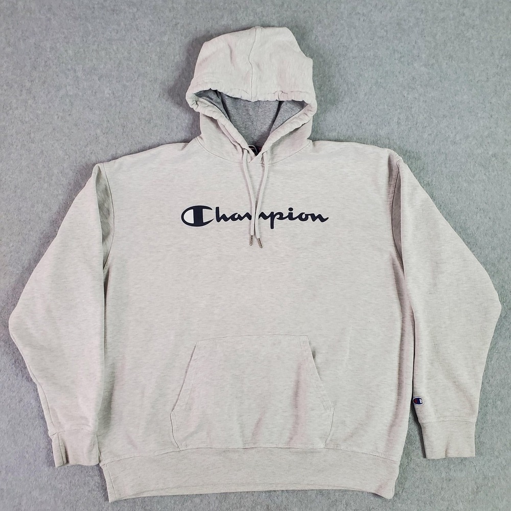 Champion Hoodie Mens 2XL Gray Fleece Pullover Script Logo‎ Kangaroo Pocket